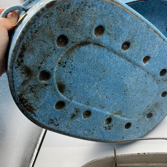 Antique Turquoise Cornflower Blue Large Roaster Rack Enamelware On Steel 4 Piece - Picture 10 of 15